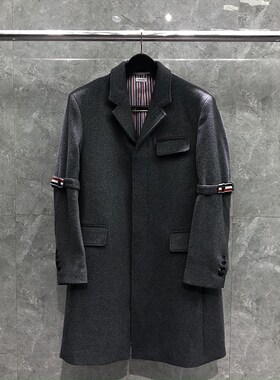 TB灰色双面羊绒呢子大衣男女中长款红白蓝双袖织带韩系羊毛呢外套