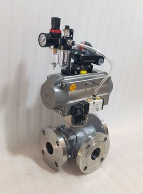 Q644F-16P气动三通换向球阀不锈钢法兰转向切断分流阀导流气控O球