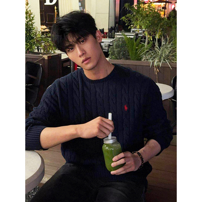 藏青色麻花纹圆领针织毛衣男士秋季老钱风刺绣毛线衣修身套头卫衣