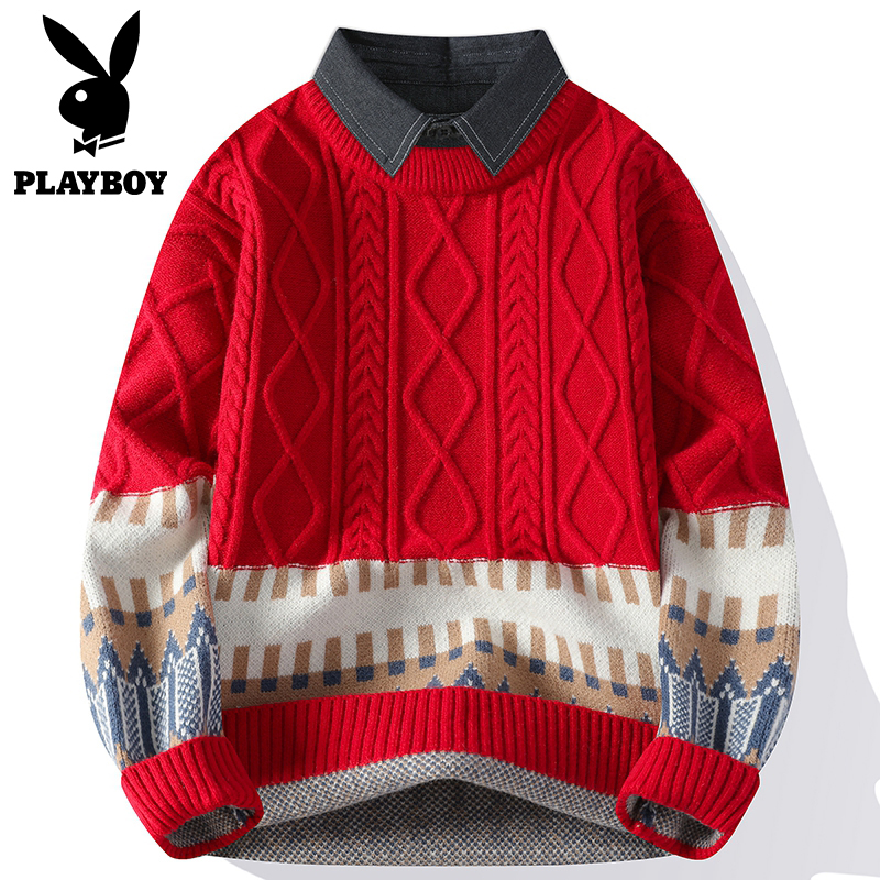 花花公子衬衫领扭花毛衣男加绒加厚冬季新款撞色打底假两件针织衫