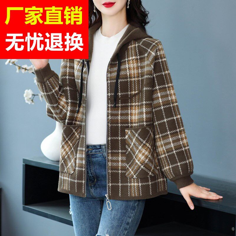 中老年胖妈妈200斤加肥加大码宽松毛呢外套格子连帽双面羊绒大衣