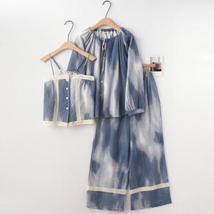 云蓝睡衣女春夏季纯棉纱布薄款带胸垫吊带长袖长裤家居服三件套装