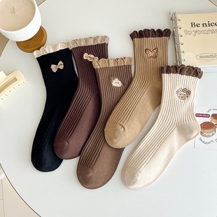 中筒袜咖色系蝴蝶结花边袜子女isn潮流百搭长筒_xj 下单立减50