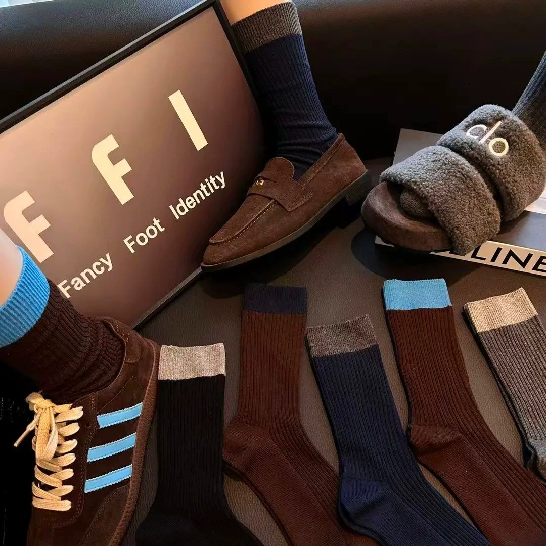 【下单立减50】秋冬复古高级显瘦藏青色棕色ins潮双针中筒堆_xj1