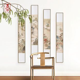新中式客厅山水装饰画现代玄玄关长条竖版挂画别墅高档壁画 郑文