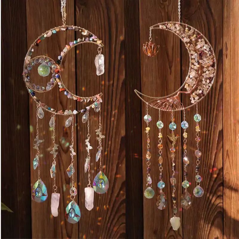 Crystal Sun Catchers Gemstone Tree of Life  Moon Shape Reiki