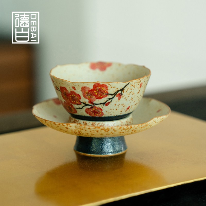 德白青花火石红茶杯主人杯陶瓷纯手绘梅花斗笠杯配杯垫新中式茶具