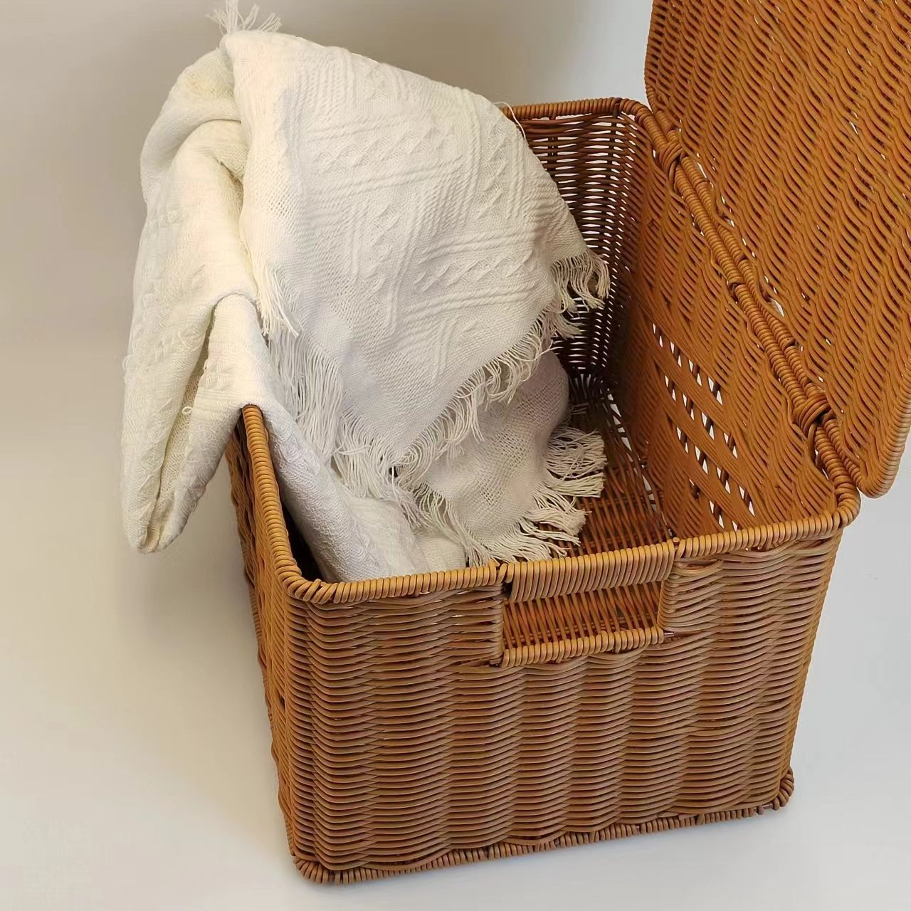 434N3棕色中式简约风双抽手储物收纳箱37*27*22带盖