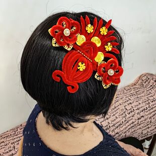 厂家直营马年本命年2026天津过年头花妈妈新款绒花聚宝盆夹子款