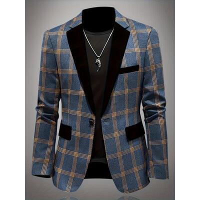 Men's Fashion Plaid Slim Fit Blazer Button Closure Long