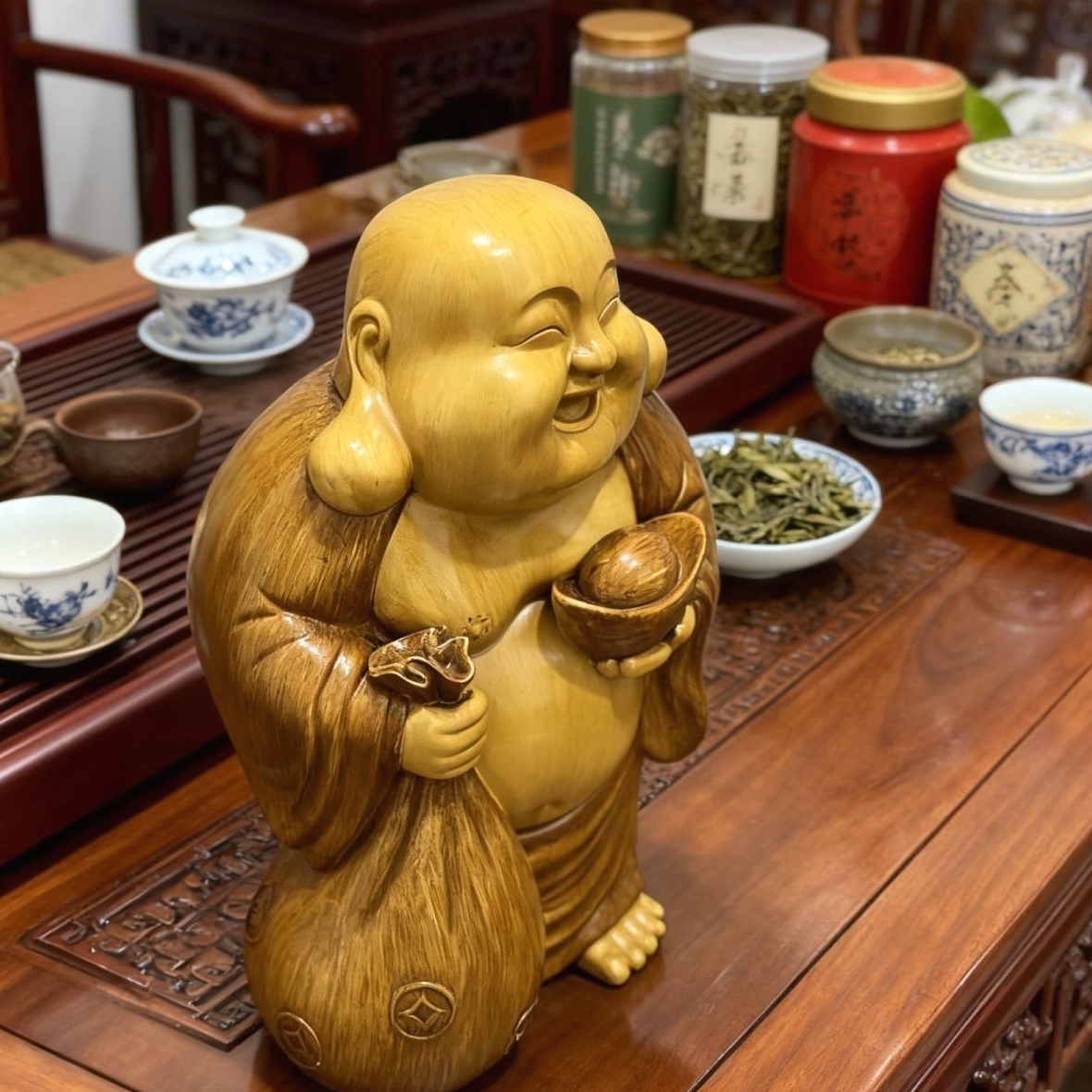 中国中式禅意弥勒佛茶空间高档客厅工艺品玄关酒柜装饰品摆件家居