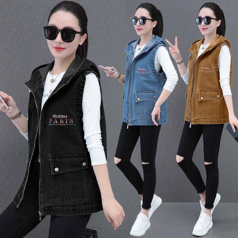 2025春夏百搭潮流时尚无袖ins韩版牛仔宽松连帽马甲刺绣口袋外套