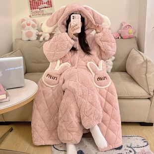 厚实三层夹棉睡衣300斤冬季加厚三层夹棉睡袍长裤ins风珊瑚绒长款