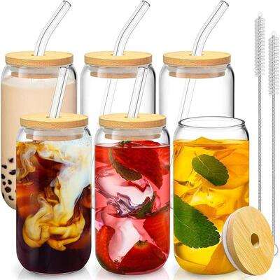 6Pcs Can Shaped Drinking Glasses Set with Bamboo Lids