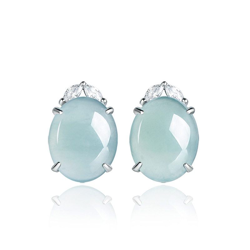 天然A货翡翠蓝水蛋面耳钉冰种玉石S925银镶时尚高档女款耳饰,家居饰品,玉雕,淘宝优惠券,粉丝福利购,淘宝优惠卷