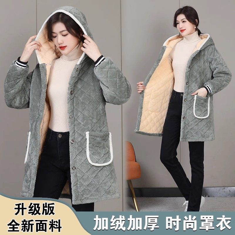 女罩衣外穿洋气长袖加绒加厚围裙外套冬季三层夹棉新款家居服大褂