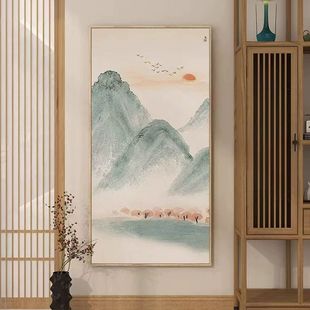 入户玄关日出东方挂画客厅抽象青山绿水装饰画书房水墨风油画