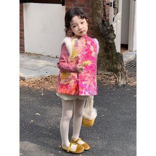 中国风拜年服女童新中式套装秋冬新款儿童夹棉马甲唐装粉色过年服