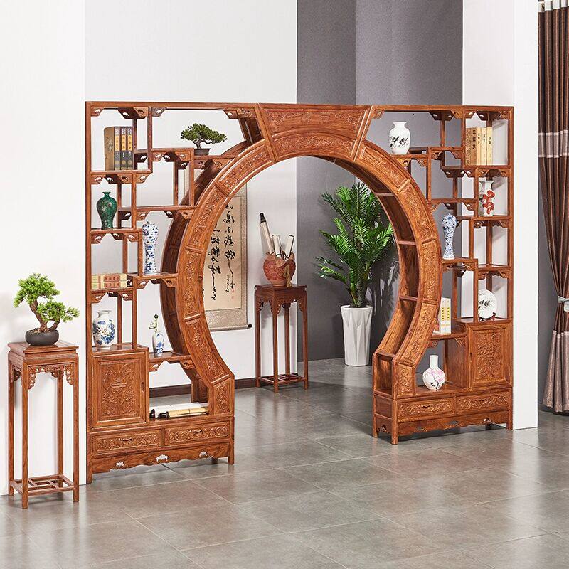 红木月洞门新中式月亮门镂空客厅隔断博古架实木多宝阁置物架定制