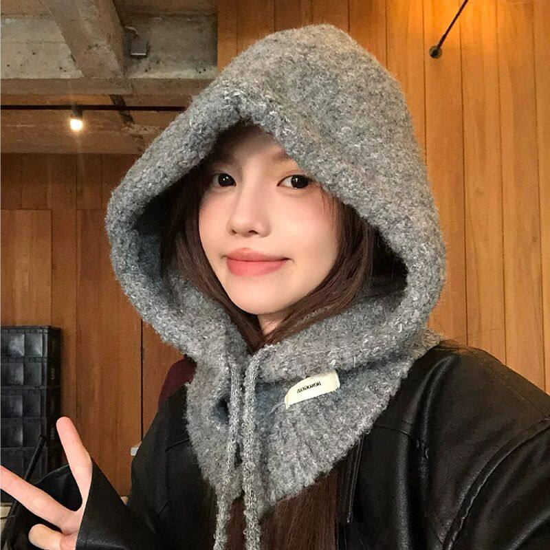 灰色巴拉克拉法帽女秋冬大头围保暖帽子围脖一体针织帽护耳毛线帽