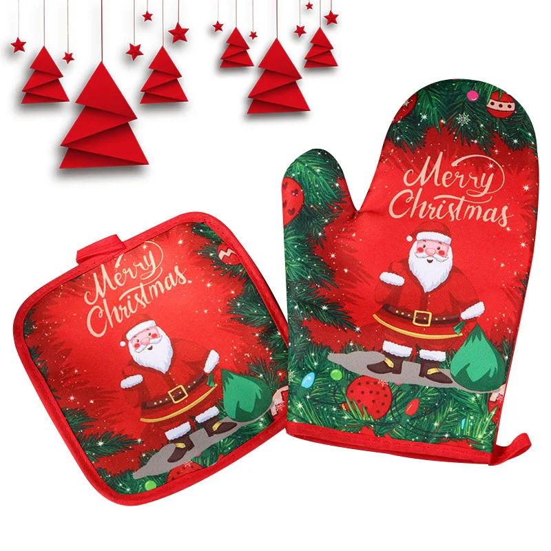 Christmas Oven Mitts and Potholders Set Santa Snowman Deer