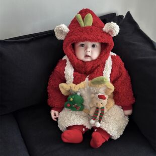 小童拜冬年服婴儿拜年服冬季男宝宝夹棉加厚超萌连体衣圣诞服外出