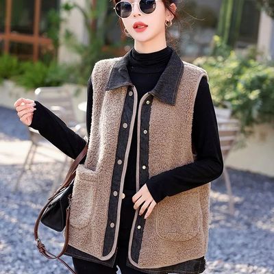 羊羔毛马甲女2025秋冬新款时尚休闲宽松显瘦牛仔拼接皮毛一体外套