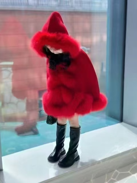 儿童狐狸毛领双面羊毛大衣斗篷