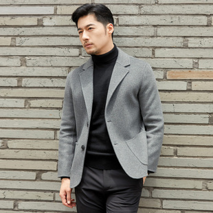 呢子韩版 毛呢外套短款 绵羊绒风衣 领双面100羊毛大衣男士 秋冬西装