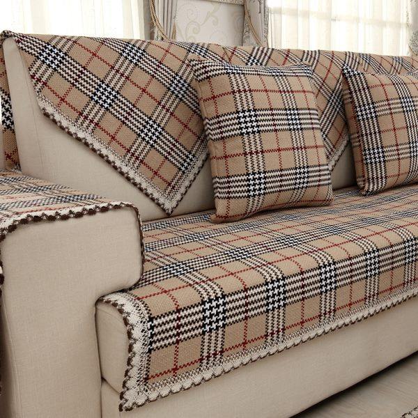 笑喆全棉麻防滑沙发垫布艺四季全包盖简约现代沙发套罩巾格子坐垫