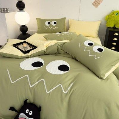 现货速发风学生牀上用品四件套刺绣小怪兽可爱简约纯拼色牀单