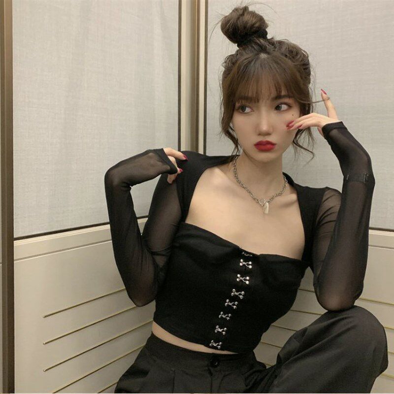 别致假两件甜辣网纱修身设计感小众短款长袖t恤方领上衣女夏薄款图片