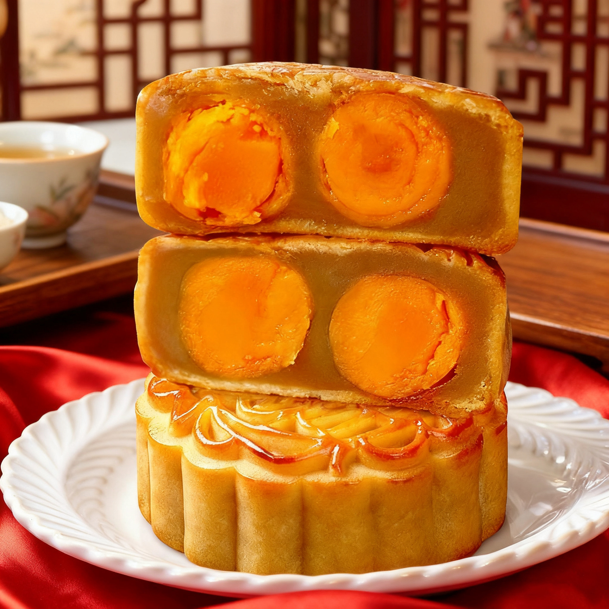 港胜 4块装礼盒广式双蛋黄月饼 经典双黄莲蓉月饼糕点 特产零食品