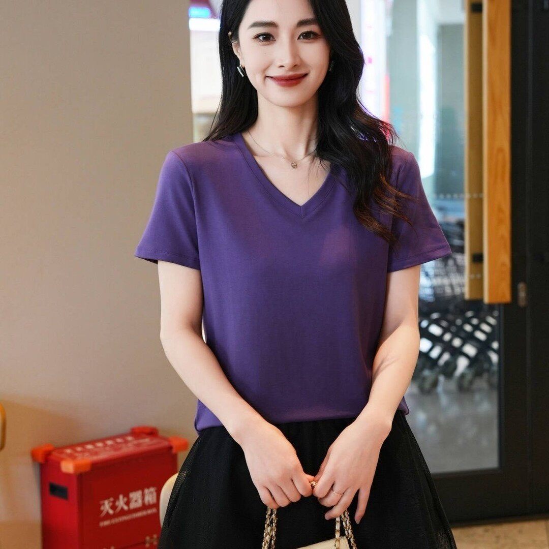 夏季V领女士宽松显瘦短袖T恤