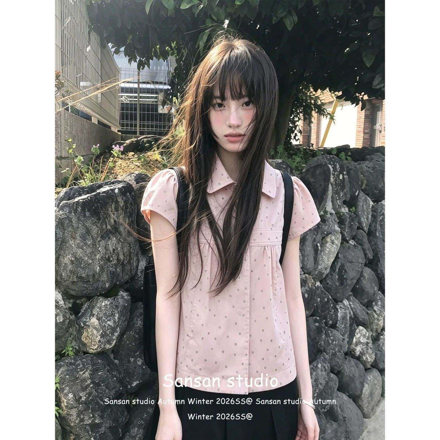学院风粉色波点新款夏季穿搭韩系衬衣女修身显瘦甜美娃娃领上衣