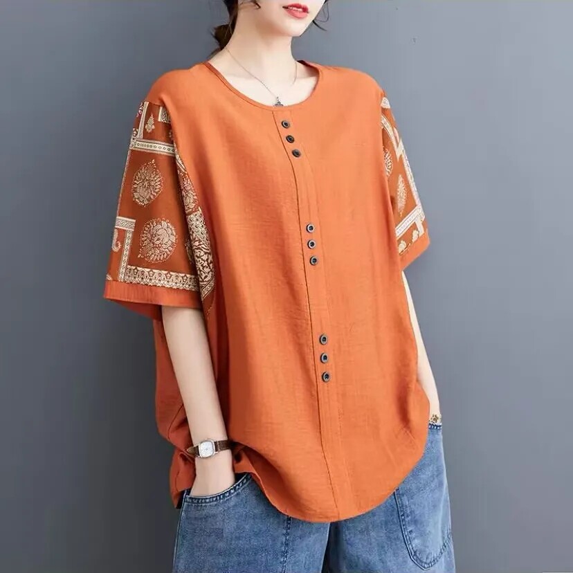 夏季棉麻五分袖印花大码妈妈T恤