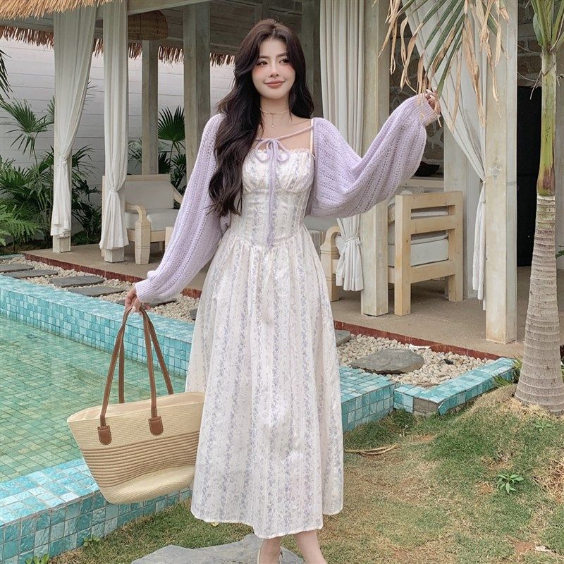 MM谢谢家春日温柔风碎花吊带大码连衣裙+温柔软糯针织开衫两件套,女装/女士精品,大码套装,淘宝优惠券,粉丝福利购,淘宝优惠卷