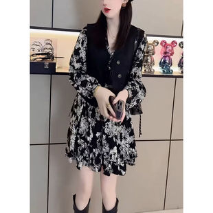 2024年秋季新款时尚气质显瘦套装女马甲搭配印花连衣裙休闲两件套