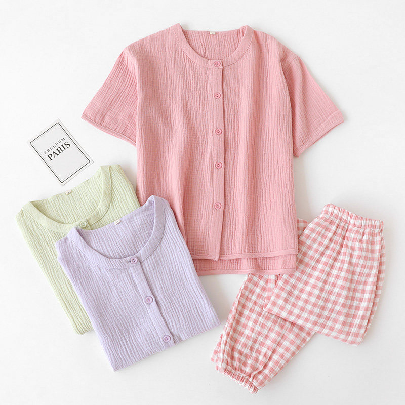 2023年新款睡衣女夏纯棉纱布纯色短袖长裤时格子裤可外穿家居服,女士内衣/男士内衣/家居服,睡衣/家居服套装,淘宝优惠券,粉丝福利购,淘宝优惠卷