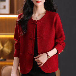 中国风复古外搭开衫女秋冬气质盘扣红毛衣上衣新中式短款针织外套