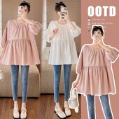 孕妇春夏新款 休闲遮肚娃娃衫 韩版 衬衫 上衣200斤潮 宽松长袖 超大码