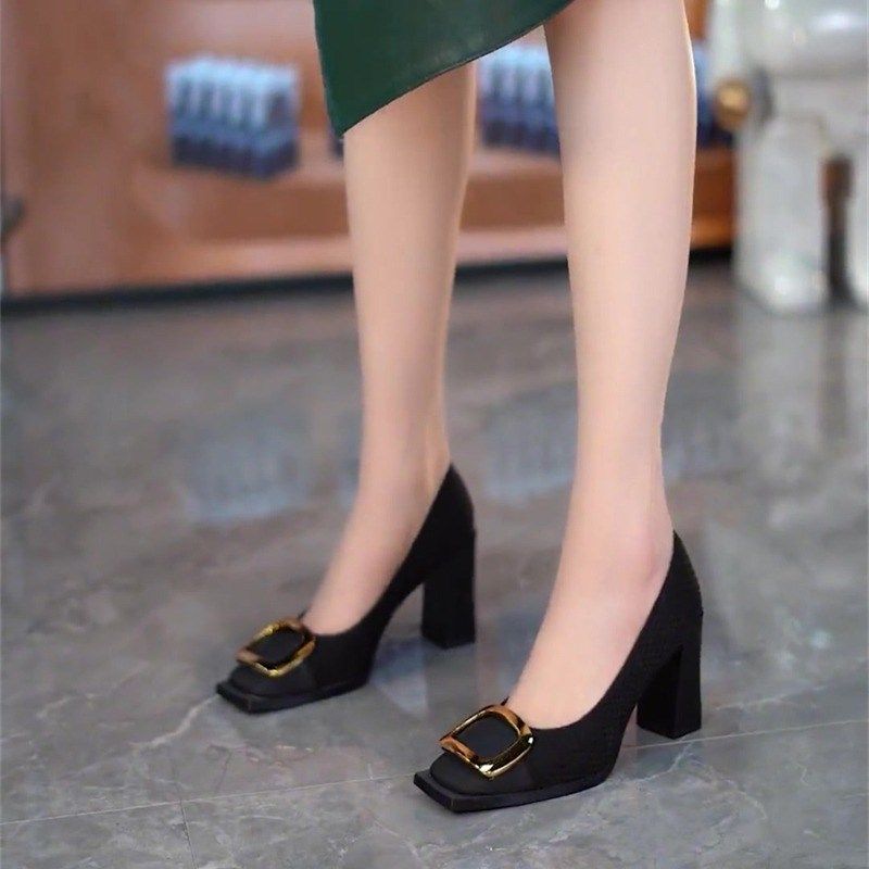 英伦风百搭粗跟高跟鞋女鞋2024年春季方头插色浅口金属扣时装单鞋,女鞋,浅口单鞋,淘宝优惠券,粉丝福利购,淘宝优惠卷