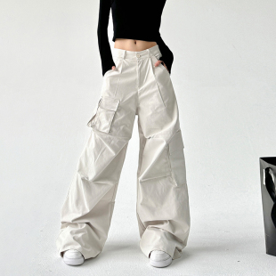 灰白色美式街头hiphop直筒工装裤女百搭多口袋高个子宽松休闲裤子