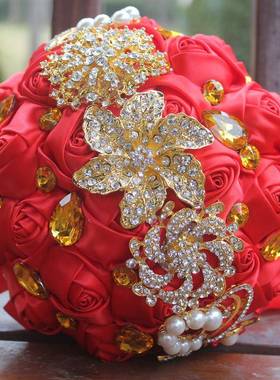 金钻手捧花新品韩版浪漫新娘手捧花束红婚庆花束金水钻花现货W227