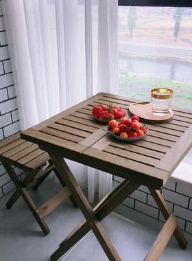 W6户外折叠桌椅套装实木休闲阳台桌小户型小茶几方桌双人饭桌复古