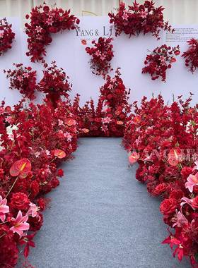 玫瑰花束新款百合红套装红色婚庆地排仿真花婚礼布置订婚迎宾装饰