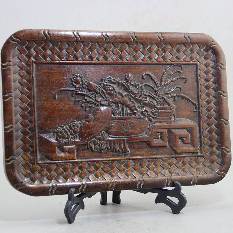 现货古玩收藏托盘摆饰工艺品花梨木杂件做旧富贵平安