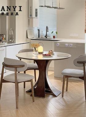 法式复古实木岩板圆形餐桌小户型饭桌现代简约家用胡桃色实木圆桌