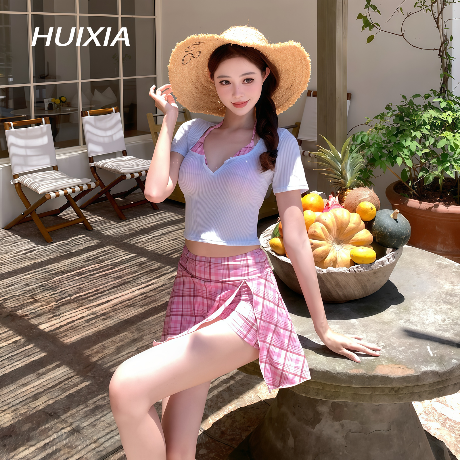 裙式分体泳衣女款2026新款粉色格子平角裤显瘦保守温泉度假比基尼