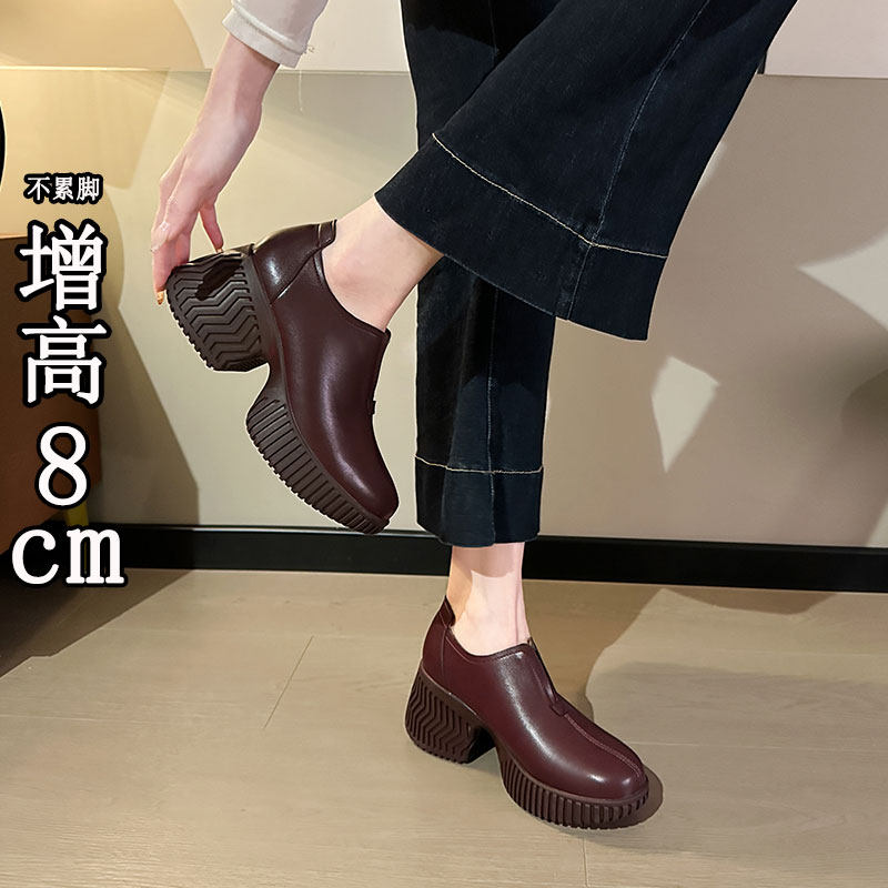 羊皮版~英伦风厚底乐福鞋女一脚蹬圆头粗跟小皮鞋增高8cm高跟单鞋,女鞋,深口单鞋,淘宝优惠券,粉丝福利购,淘宝优惠卷